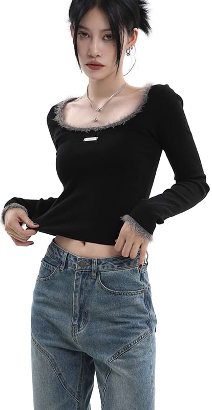 Fuzzy Collar and Sleeve Skinny Crop Top