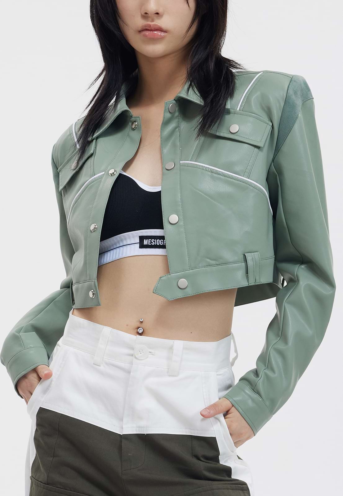 Cropped Faux Leather Jacket with Pockets