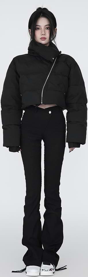 Diagonal Zip Cropped Puffer Jacket