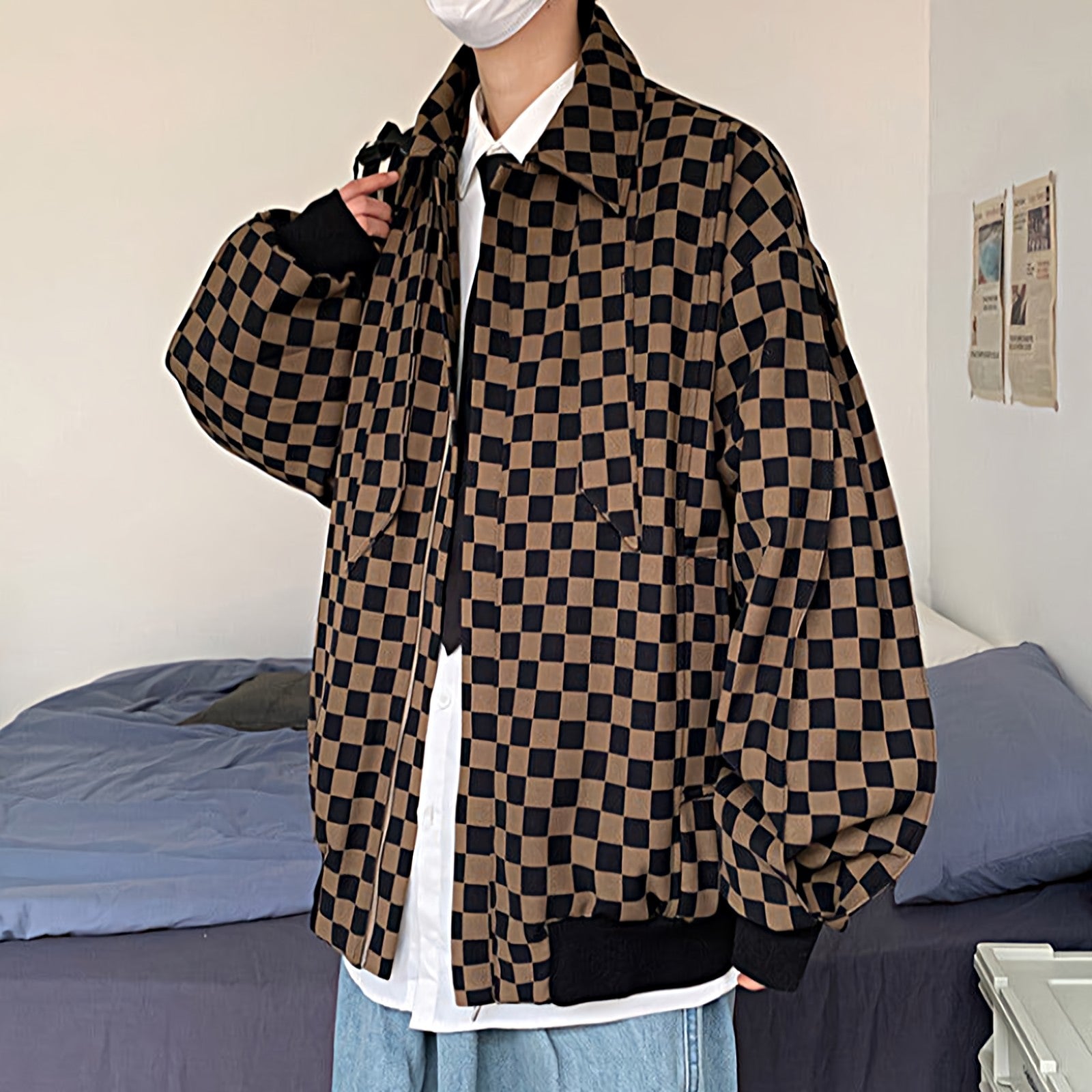 Oversized Checkerboard Collared Zip Jacket - nightcity clothing