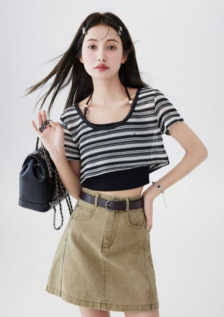 Halter Strap Camisole and Stripe Cropped Knit Top Two-Piece Set - nightcity clothing