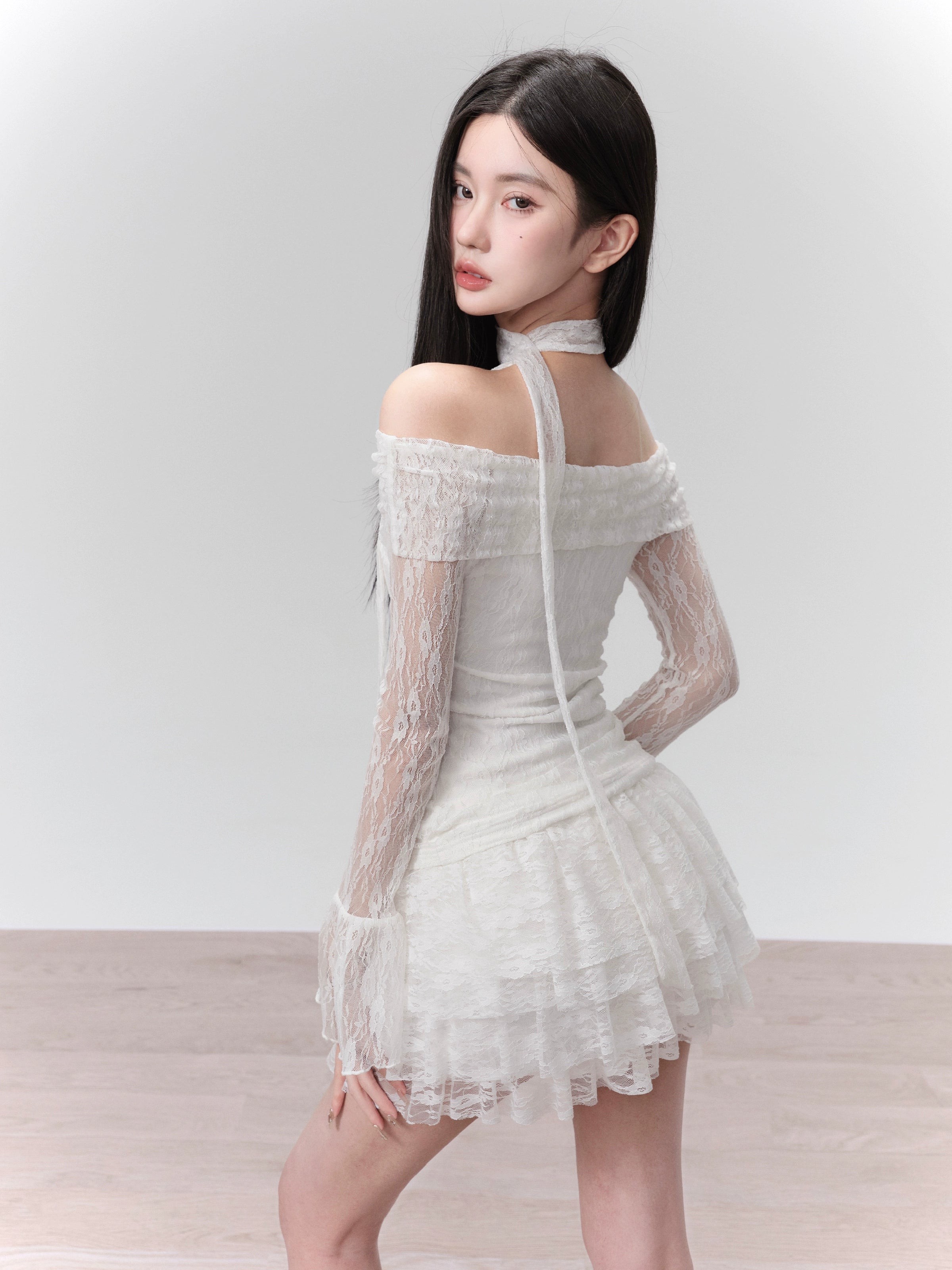 Off-Shoulder Lace Layered Mini Dress