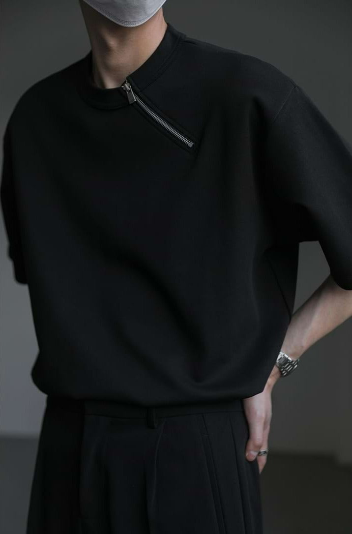 Asymmetric Collar Zip Drop Shoulder T-Shirt