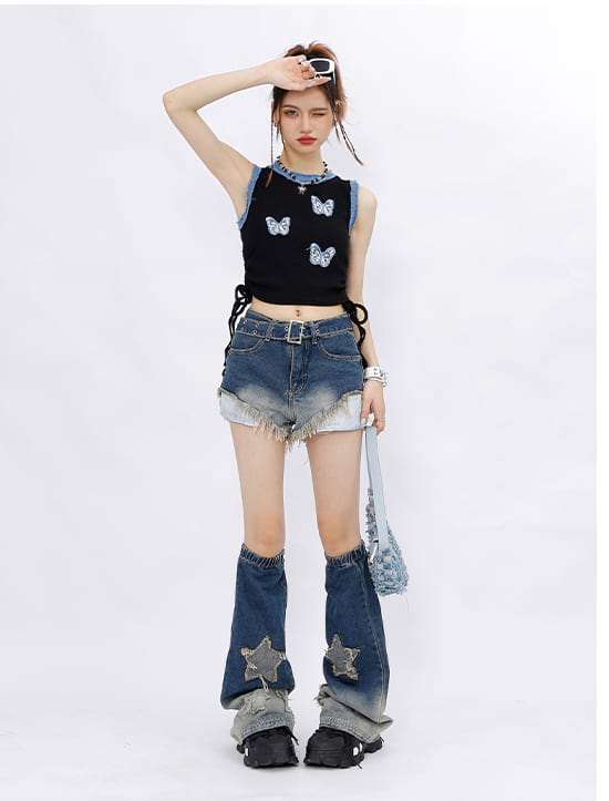 Butterfly Patchwork Ruched Crop Top