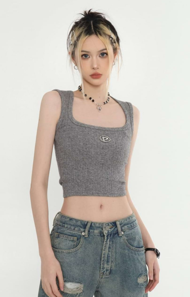 Square Neck Ribbed Sleeveless Cropped Top