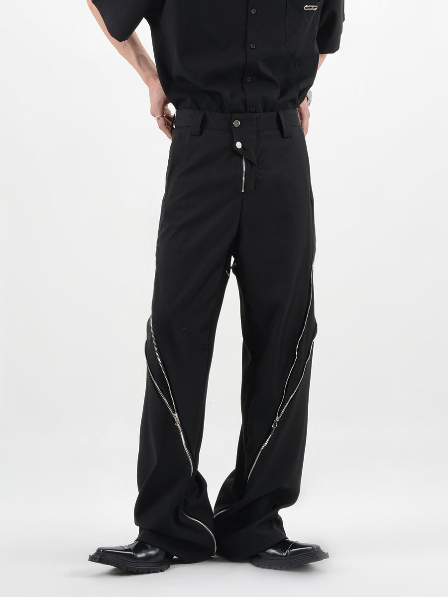 Straight Fit Diagonal Zip Up Pants - nightcity clothing