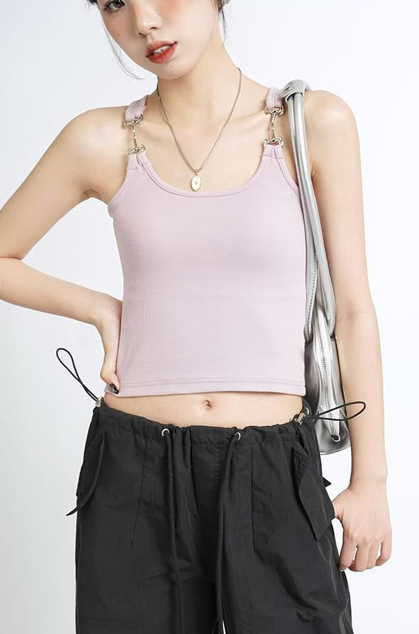 Metal Buckle Strap Ribbed Crop Top