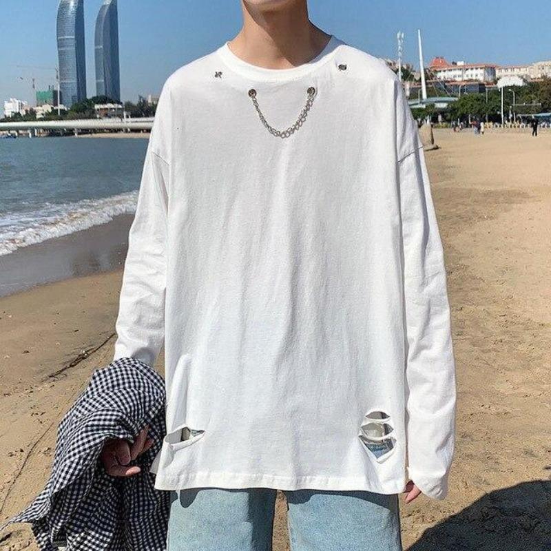 Accessorized Long Sleeve Tee with Distressed Hem - nightcity clothing