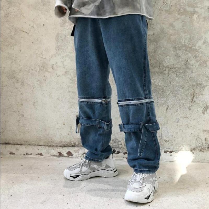 Biker Denim Baggy Jeans with Zip-Up Knee Slits - nightcity clothing