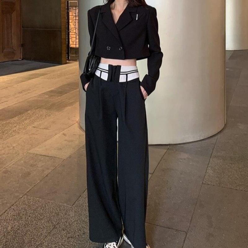 Boxy Cropped Blazer and Color Block Pants Two-Piece Set - nightcity clothing