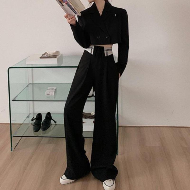 Boxy Cropped Blazer and Color Block Pants Two-Piece Set - nightcity clothing
