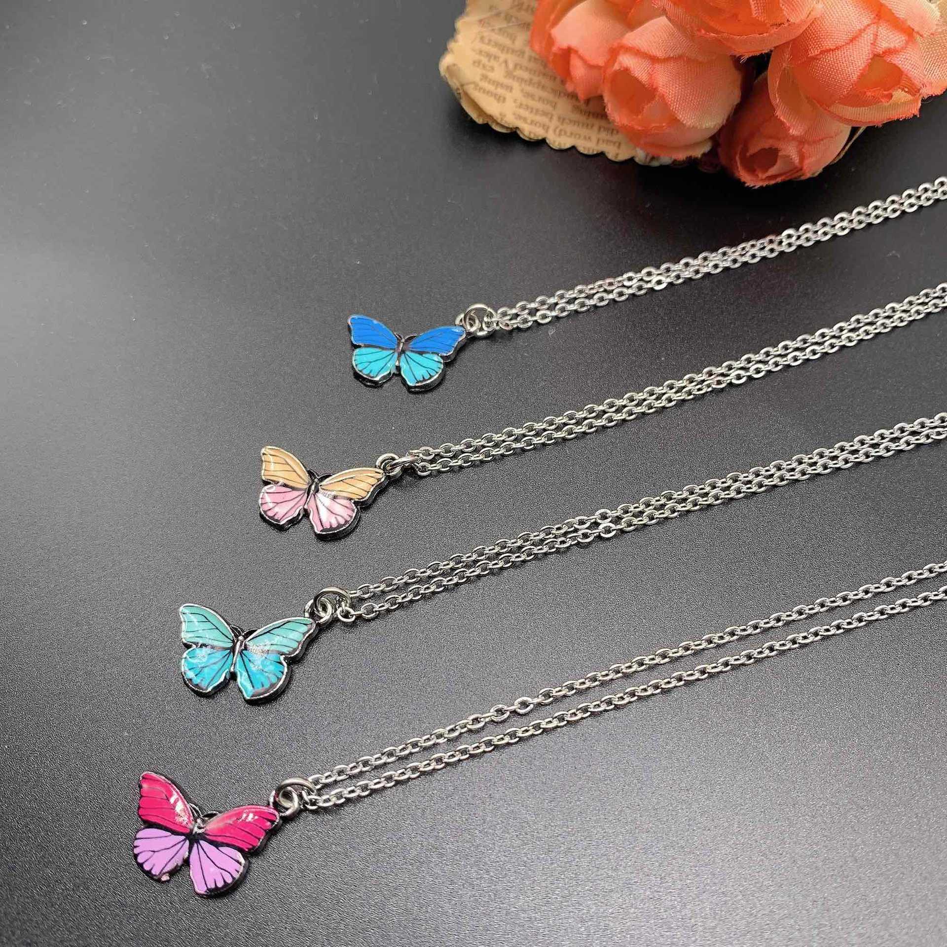 Colored Butterfly Pendant Slim Chain Necklace - nightcity clothing