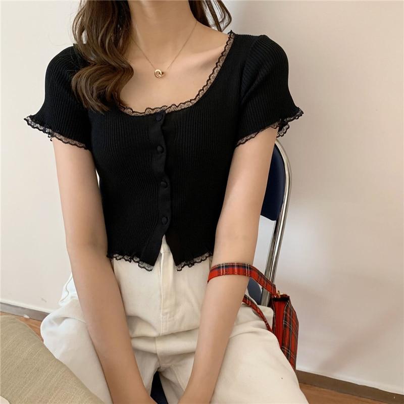Cropped Lace Short Sleeve Button Top - nightcity clothing