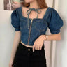 Denim Puff Short-Sleeve Zip Crop Top - nightcity clothing