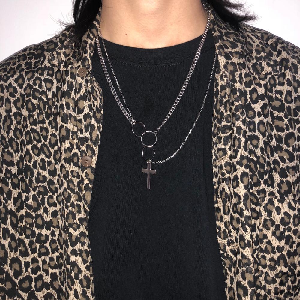 Double-Layered Metal Rings and Cross Pendant Necklace - nightcity clothing
