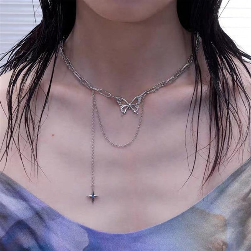 Elliptic Chain Necklace with Hollow Butterfly and Drop Star Pendant - nightcity clothing