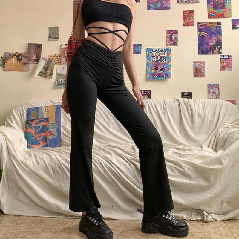 Extra-Slim Wide Leg Pants with Criss-Cross Straps - nightcity clothing