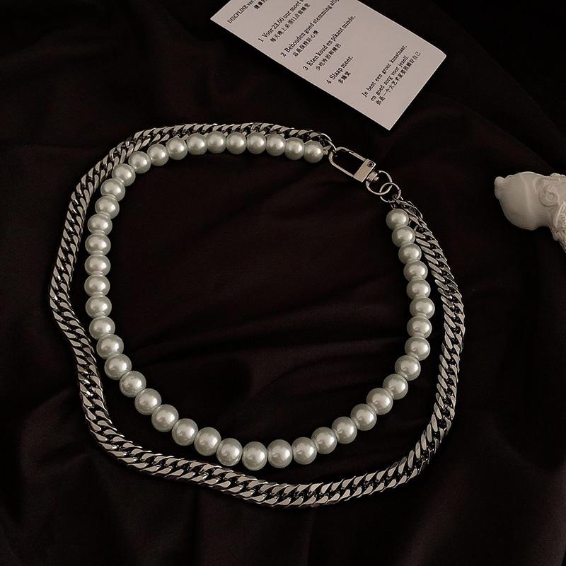 Faux Chunky Beaded Pearl and Chain Necklace - nightcity clothing