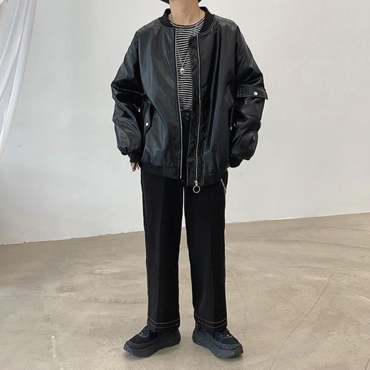 Faux Leather Bomber Jacket - nightcity clothing