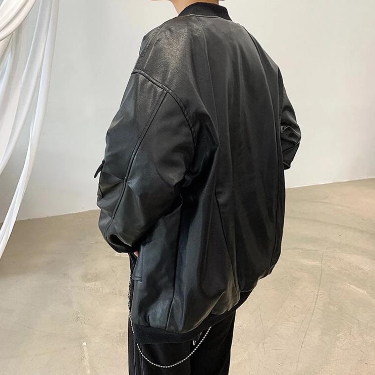 Faux Leather Bomber Jacket - nightcity clothing