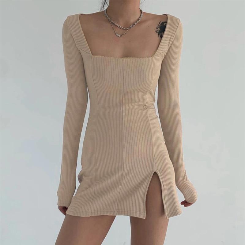 Knitted Bodycon Mini Dress with Split Hem - nightcity clothing