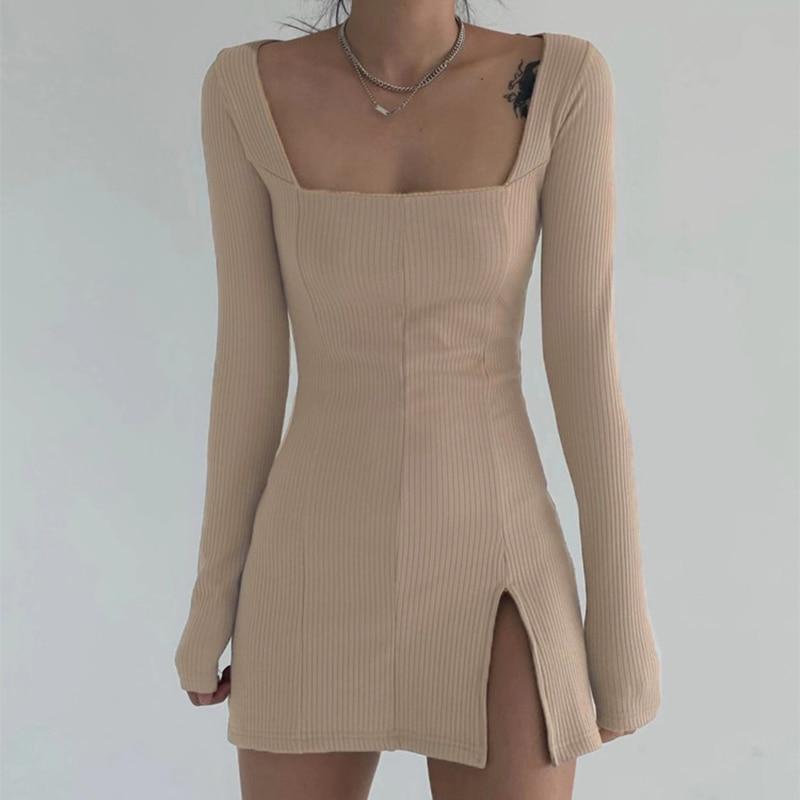 Knitted Bodycon Mini Dress with Split Hem - nightcity clothing