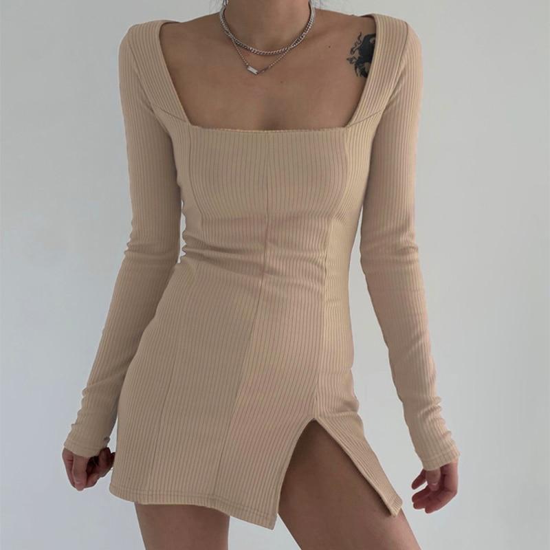 Knitted Bodycon Mini Dress with Split Hem - nightcity clothing