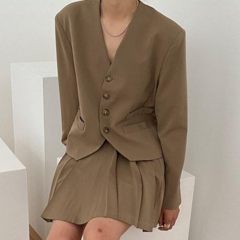 Mid-Crop Collarless Blazer and Pleated Skirt Two-Piece Set - nightcity clothing