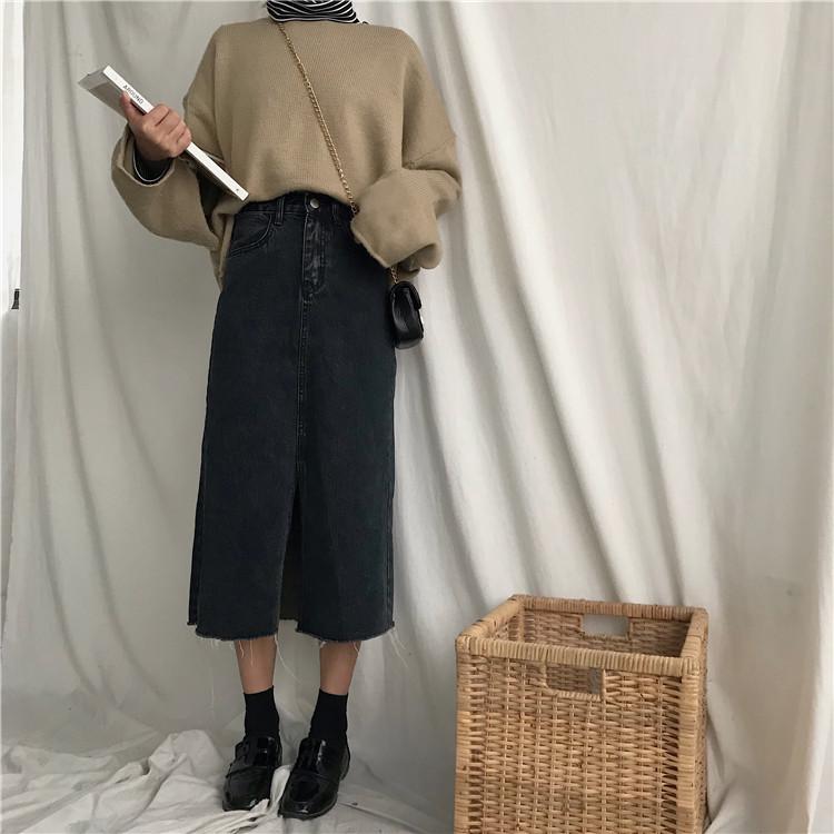 Midi Denim Skirt with Front Slit - nightcity clothing