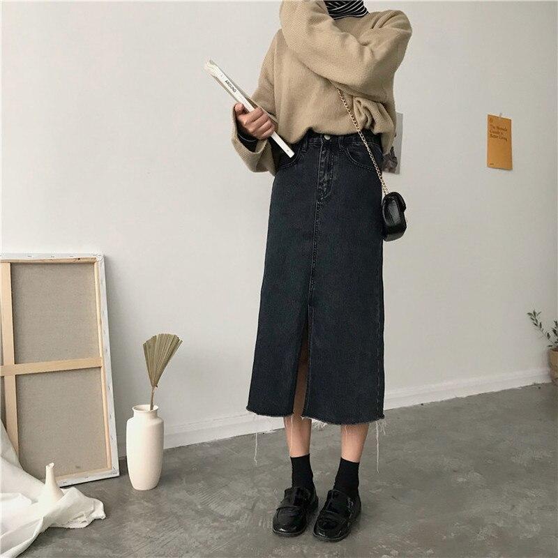 Midi Denim Skirt with Front Slit - nightcity clothing