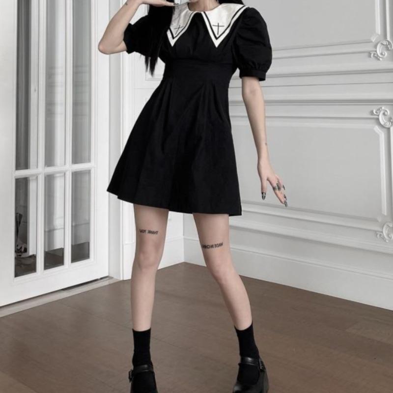 Mini Puff-Sleeve Dress with Cross Collar - nightcity clothing