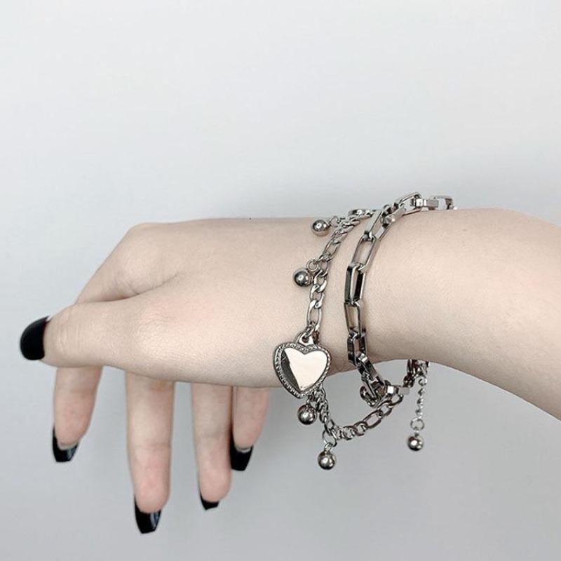 Multi-layer Chain Bracelet with Heart and Bead Pendants - nightcity clothing