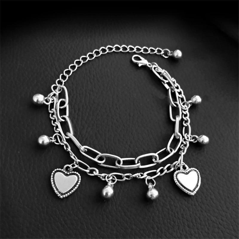 Multi-layer Chain Bracelet with Heart and Bead Pendants - nightcity clothing