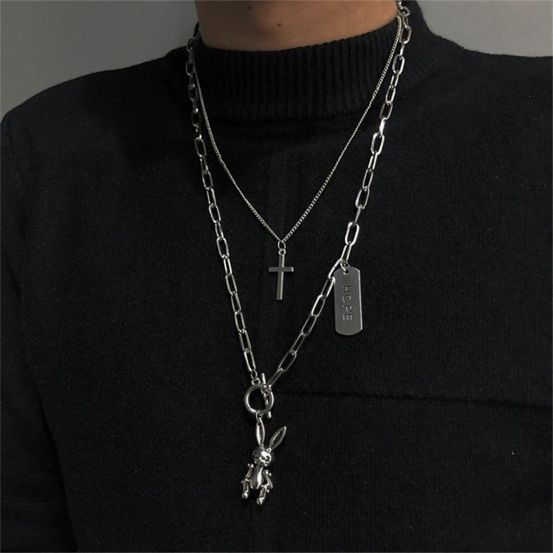 Multi-layer Cross, Tag and Rabbit Pendant Necklace - nightcity clothing