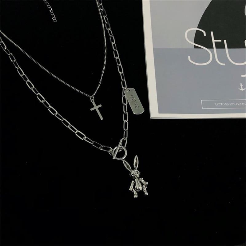 Multi-layer Cross, Tag and Rabbit Pendant Necklace - nightcity clothing