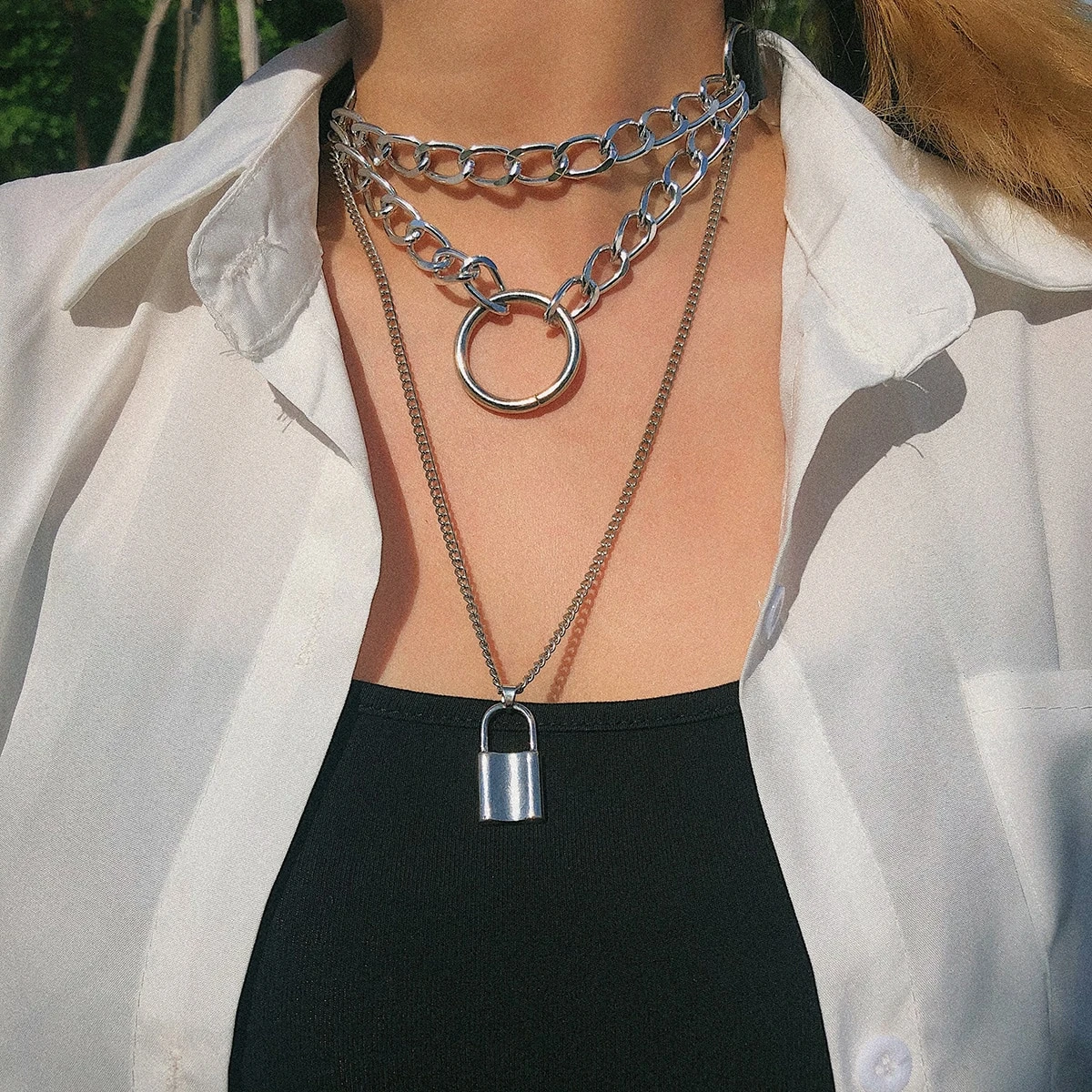 Multi-layer Necklace with Lock and Ring Pendant - nightcity clothing