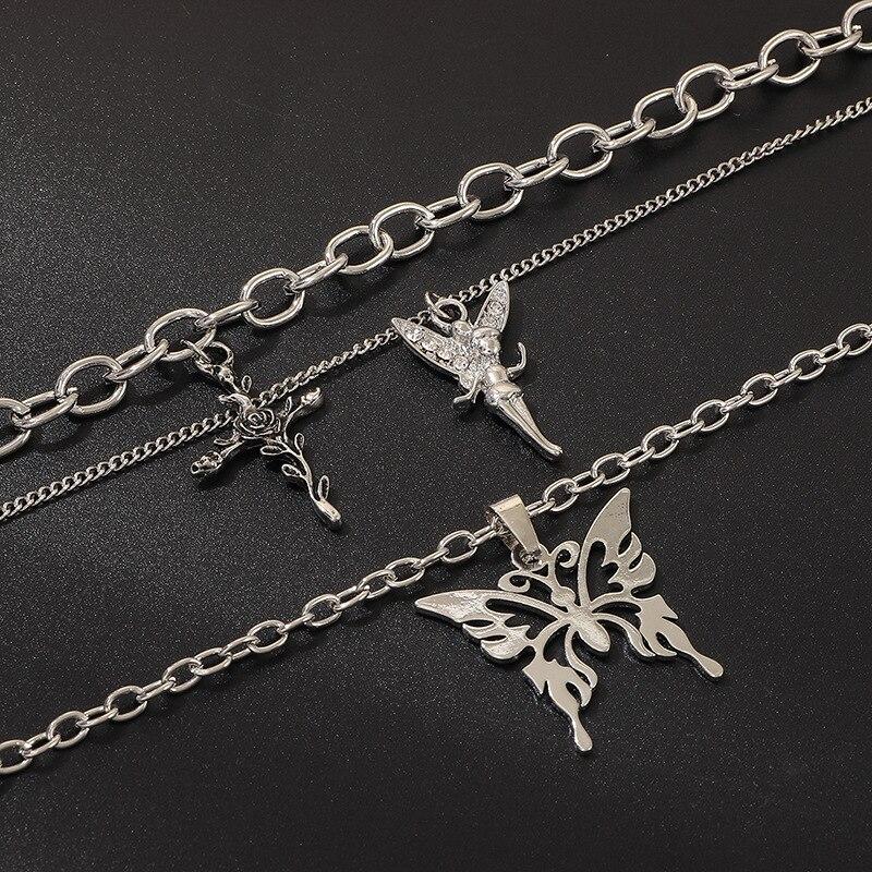 Multi-layer Rose Cross and Butterfly Pendant Necklace - nightcity clothing