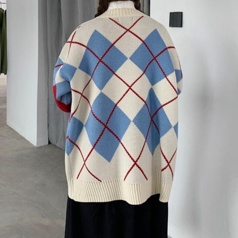 Oversized Argyle Plaid Knit Cardigan - nightcity clothing