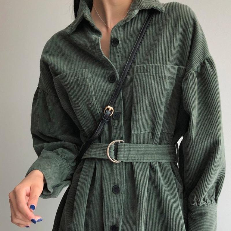 Oversized Belted Corduroy Shirt-Dress - nightcity clothing