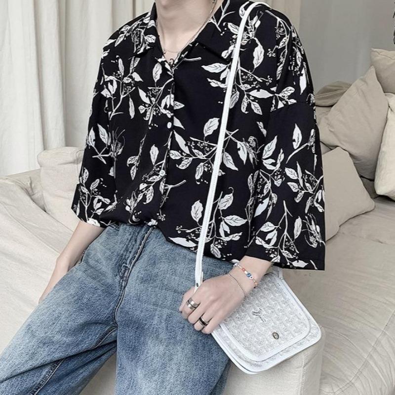 Oversized Floral Print Shirt with Three-Quarter Sleeves - nightcity clothing