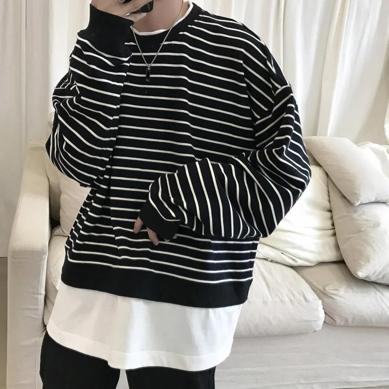 Oversized Mock Two Piece Cropped Striped Sweatshirt - nightcity clothing