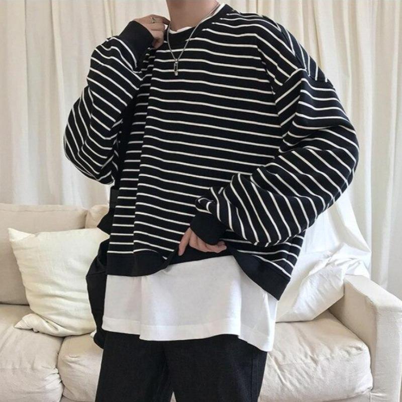 Oversized Mock Two Piece Cropped Striped Sweatshirt - nightcity clothing