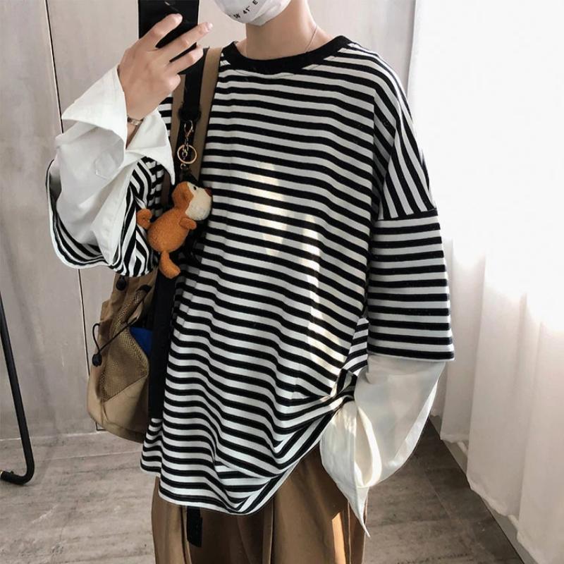 Oversized Mock Two Piece Striped Sweatshirt - nightcity clothing