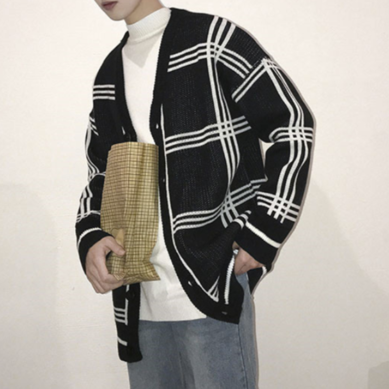 Oversized Plaid Knit Cardigan - nightcity clothing