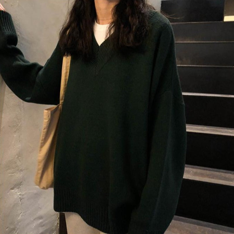 Oversized Ribbed V-Neck Collar Knit Sweater