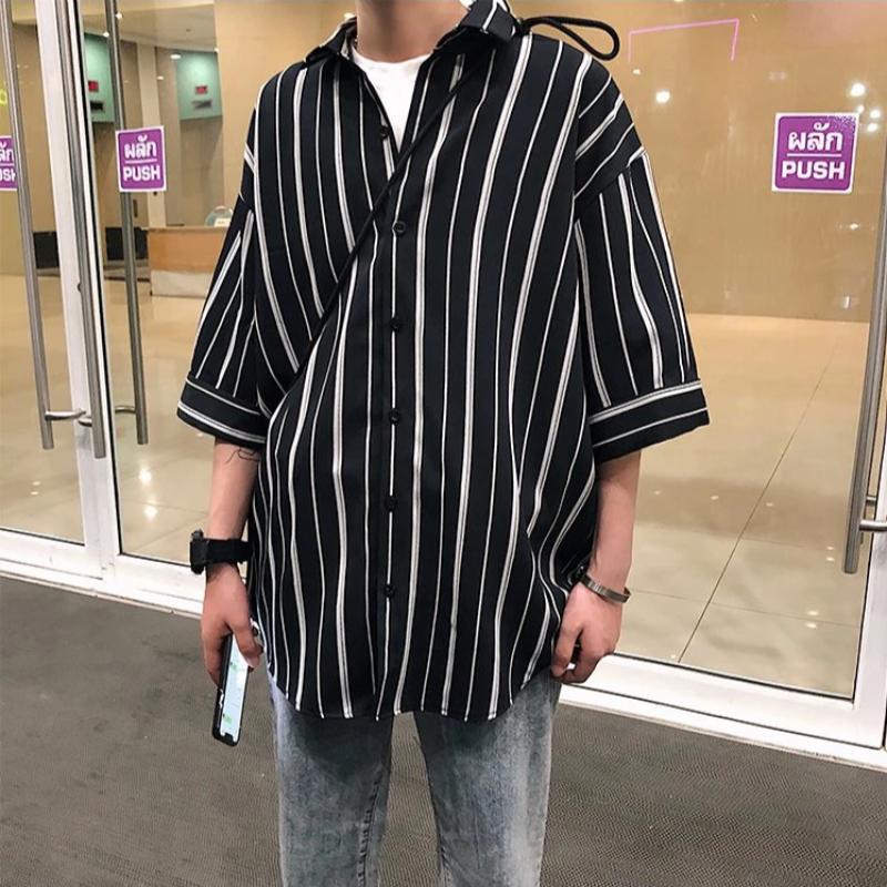 Oversized Striped Short Sleeve Shirt - nightcity clothing