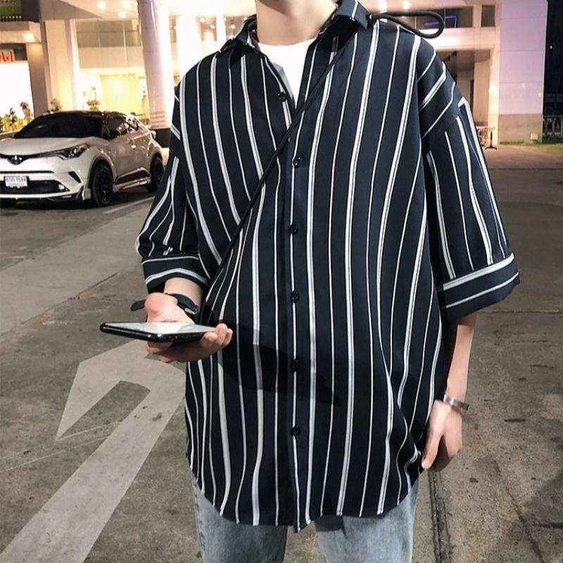 Oversized Striped Short Sleeve Shirt - nightcity clothing