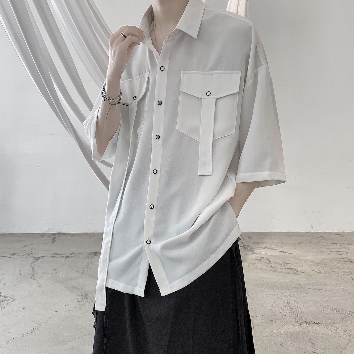 Oversized Worker Short Sleeve Shirt with Straps - nightcity clothing