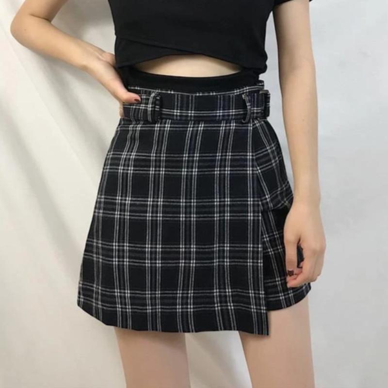 Plaid Asymmetric High-Waist Skirt - nightcity clothing