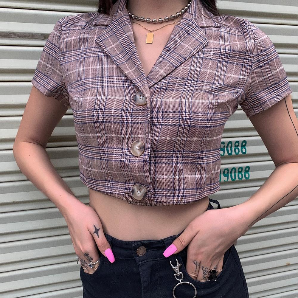 Plaid Cropped Button Top - nightcity clothing